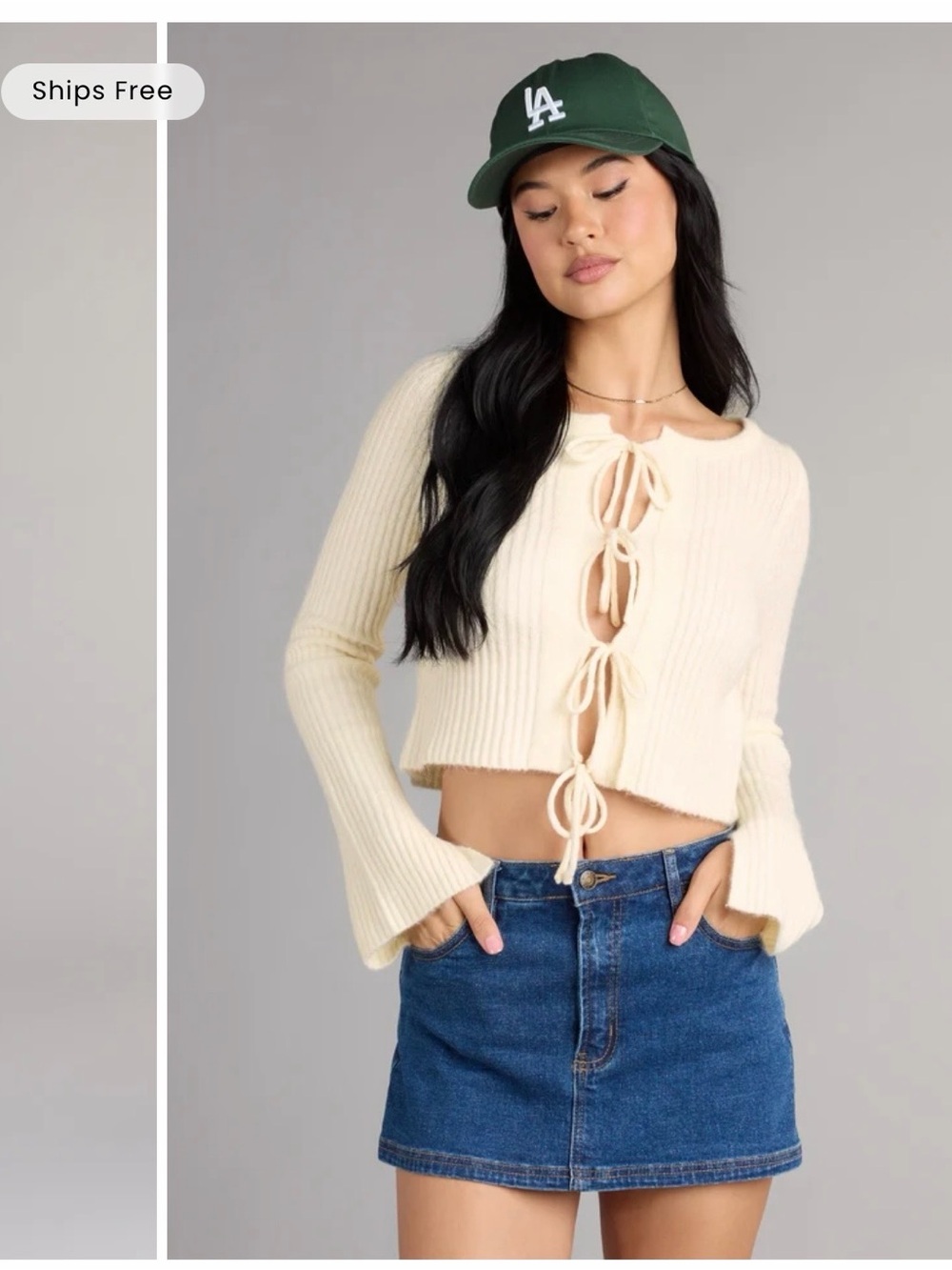 Windsor Cream Ribbed Tie-Front Cropped Sweater